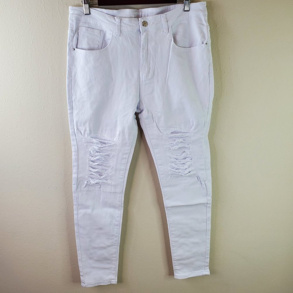 Shein Mens White Factory Distressed Ripped Frayed Skinny Jeans